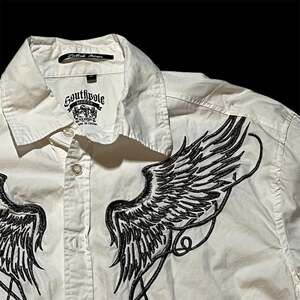 Southpole Premium White Long Sleeve Button Up Shirt with Embroidered Angel Wings
